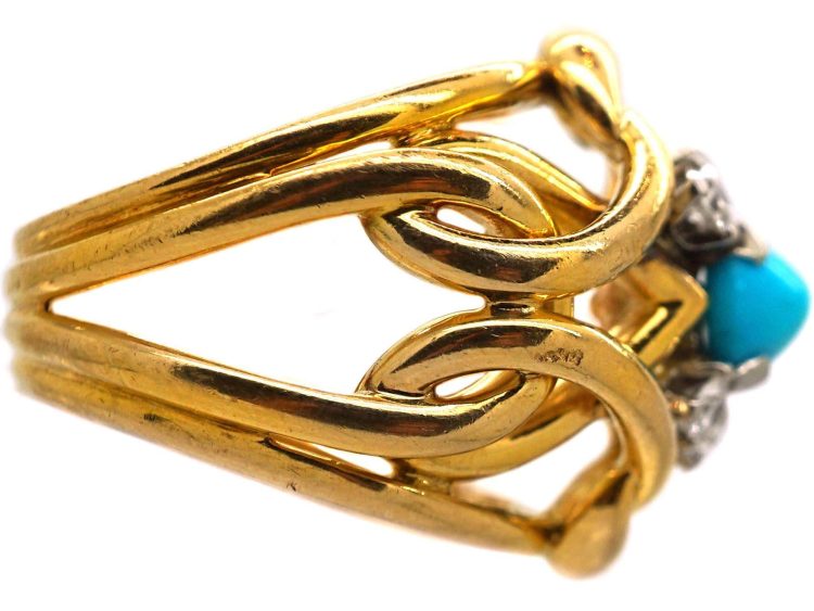 1970s French 18ct Gold & Platinum Turquoise & Diamond Coil Ring