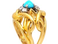1970s French 18ct Gold & Platinum Turquoise & Diamond Coil Ring