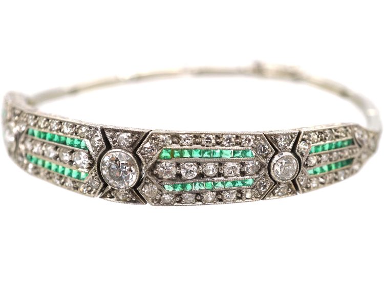 Art Deco 18ct White Gold Bracelet set with Emeralds & Diamonds