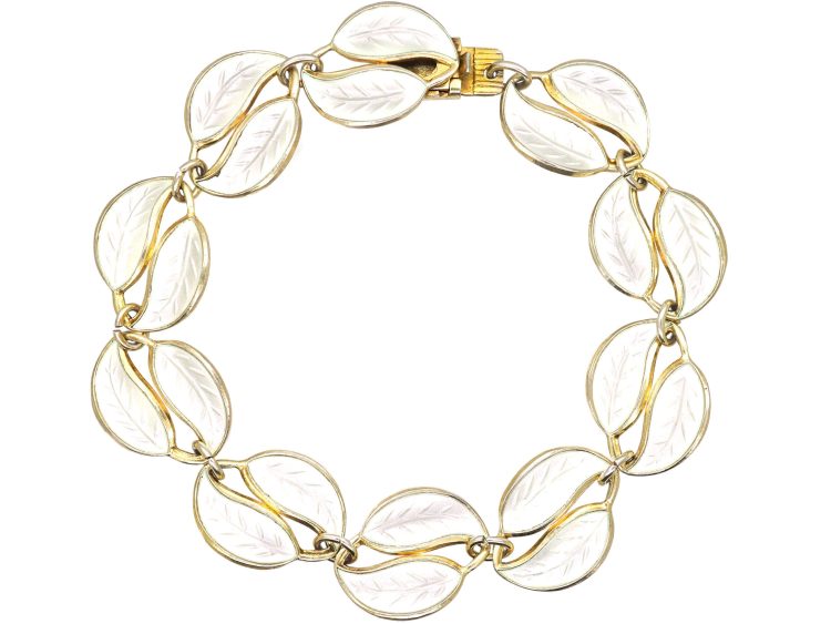 Silver Gilt White Enamel Double Leaf Bracelet by Willy Winnaess for David Andersen