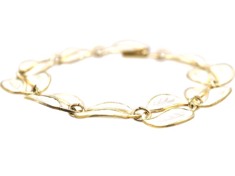 Silver Gilt White Enamel Double Leaf Bracelet by Willy Winnaess for David Andersen