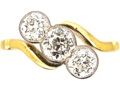 Edwardian 18ct Gold & Platinum Three Stone Diamond Crossover Ring