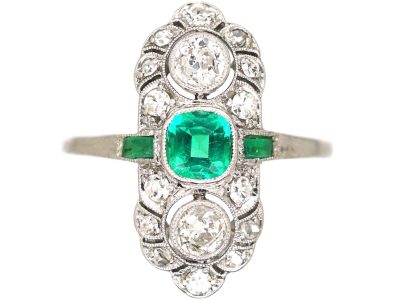 Art Deco Platinum, Emerald & Diamond Ornate Rectangular Ring