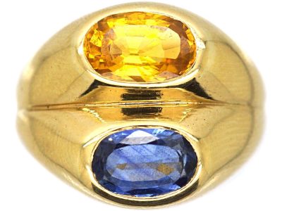 French 18ct Gold Double Ring set with a Blue and a Yellow Sapphire