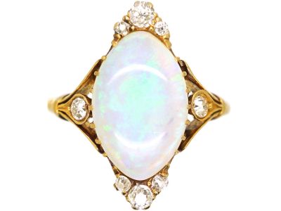 Edwardian 18ct Gold, Cabochon Opal & Diamond Ring