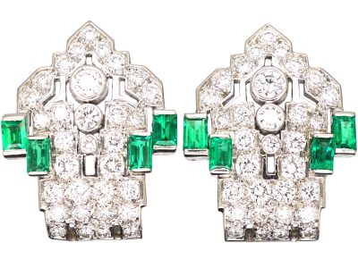French Art Deco 18ct White Gold Emerald & Diamond Clip on Earrings