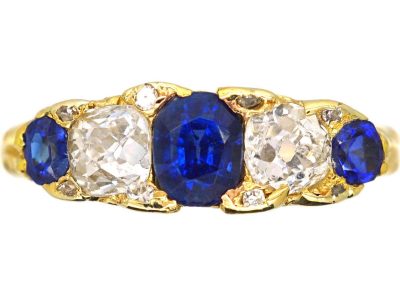 Victorian 18ct Gold Three Stone Sapphire & Diamond Carved Half Hoop Ring