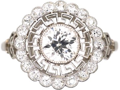 Art Deco Platinum & Diamond Cluster Target Ring with Greek Key Design Motif