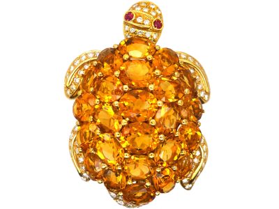 Vintage Large 18ct Gold Turtle Brooch set with Citrines, Diamonds and Rubies