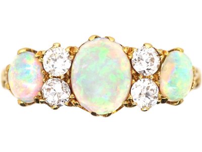 Edwardian 18ct Gold Three Stone Cabochon Opal & Diamond Ring