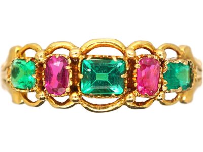 Early Victorian Ornate 15ct Gold Ring set with Rubies & Emeralds