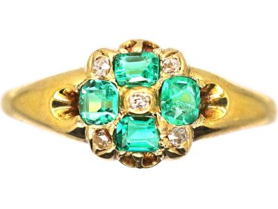 Early Victorian 15ct Gold Cluster Ring set with Four Emeralds & Diamonds