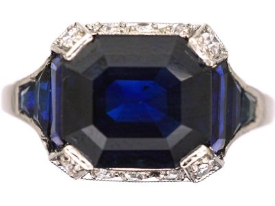 Art Deco French Platinum Sapphire & Diamond Ring with Baguette Cut Sapphires in the Shoulders