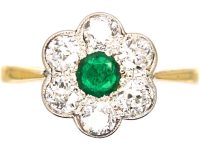 Edwardian 18ct Gold & Platinum, Emerald & Diamond Cluster Ring