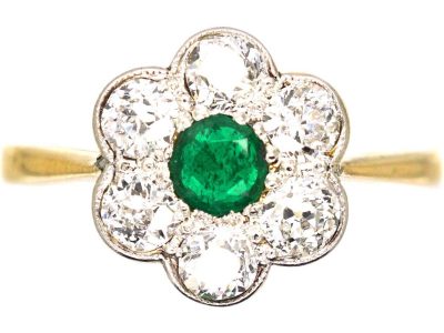Edwardian 18ct Gold & Platinum, Emerald & Diamond Cluster Ring