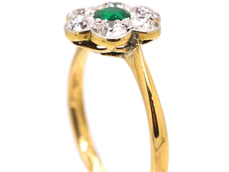 Edwardian 18ct Gold & Platinum, Emerald & Diamond Cluster Ring