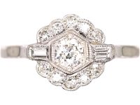 Art Deco 18ct White Gold Cluster Ring with Round & Baguette Cut Diamonds