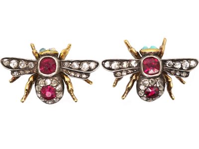 Victorian 15ct Gold & Silver, Ruby & Rose Diamond Bee Earrings with Opal Eyes
