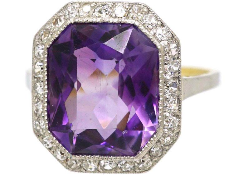 Art Deco 18ct Gold & Platinum Amethyst & Diamond Octagonal Ring