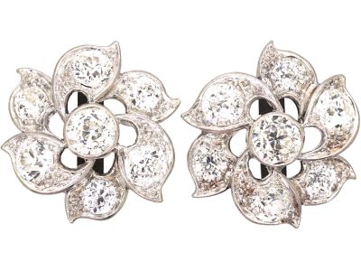 Edwardian 18ct White Gold Diamond Flower Cluster Earrings