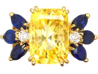 French Modernist 18ct Gold Ring set with a Large Yellow Sapphire, Sapphires & Diamonds