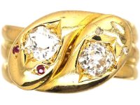 Victorian 18ct Gold Double Snake Ring set with Diamonds with Rose Diamond & Ruby Eyes