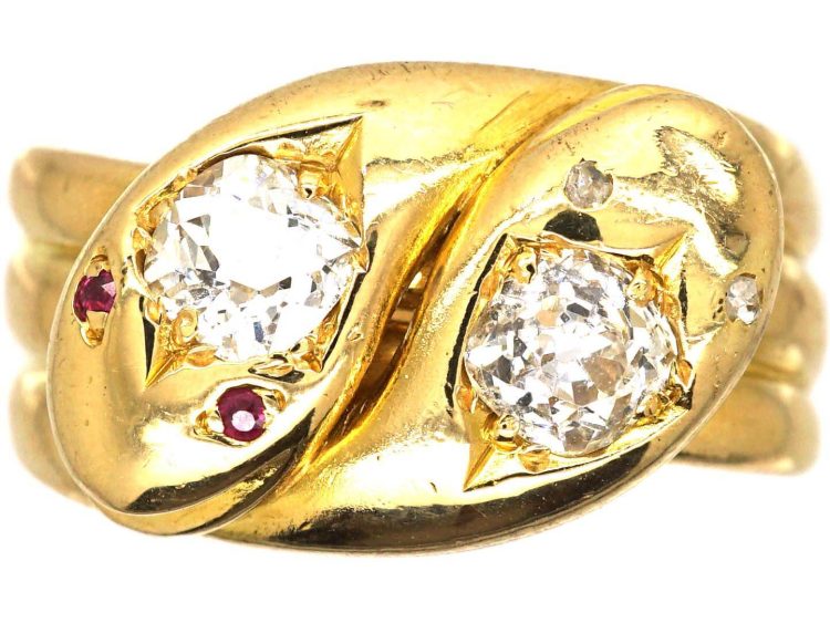 Victorian 18ct Gold Double Snake Ring set with Diamonds with Rose Diamond & Ruby Eyes