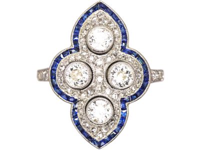 Art Deco French 18ct White Gold Ring set with Diamonds with a Border of Calibre Sapphires