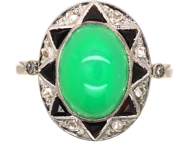 Art Deco 18ct Gold & Platinum, Green Chalcedony, Onyx & Rose Diamond oval Ring
