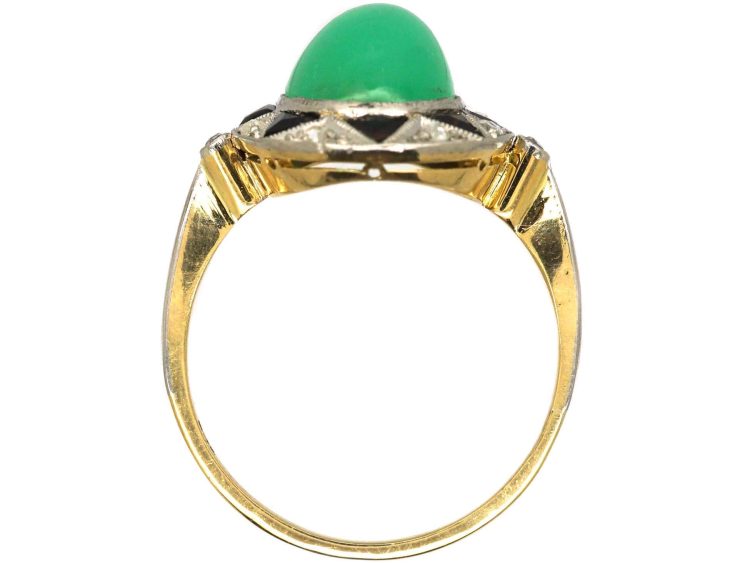 Art Deco 18ct Gold & Platinum, Green Chalcedony, Onyx & Rose Diamond oval Ring