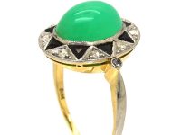 Art Deco 18ct Gold & Platinum, Green Chalcedony, Onyx & Rose Diamond oval Ring