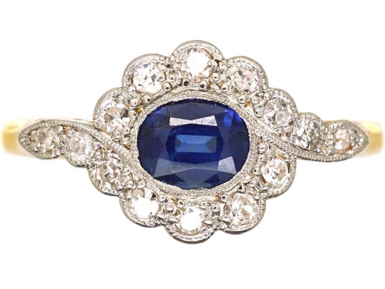 Edwardian 18ct Gold & Platinum Sapphire & Diamond Oval Cluster Ring