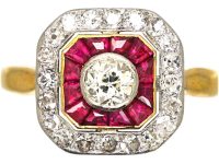 Art Deco 18ct Gold, Calibre Cut Ruby & Diamond Octagonal Ring