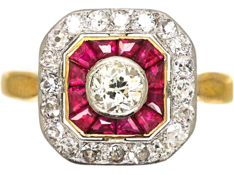 Art Deco 18ct Gold, Calibre Cut Ruby & Diamond Octagonal Ring