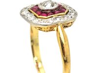 Art Deco 18ct Gold, Calibre Cut Ruby & Diamond Octagonal Ring