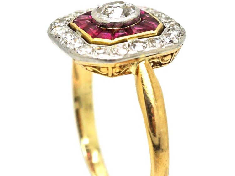 Art Deco 18ct Gold, Calibre Cut Ruby & Diamond Octagonal Ring