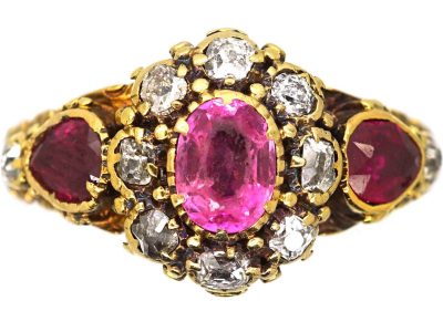 Early Victorian 15ct Gold Cluster Ring set with Rubies & Diamonds