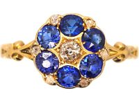 Edwardian 18ct Gold, Sapphire & Diamond Cluster Ring with Ornate Shoulders