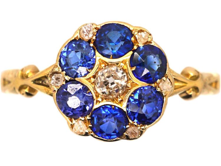 Edwardian 18ct Gold, Sapphire & Diamond Cluster Ring with Ornate Shoulders