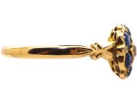 Edwardian 18ct Gold, Sapphire & Diamond Cluster Ring with Ornate Shoulders