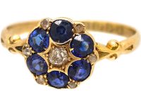 Edwardian 18ct Gold, Sapphire & Diamond Cluster Ring with Ornate Shoulders