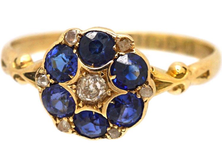 Edwardian 18ct Gold, Sapphire & Diamond Cluster Ring with Ornate Shoulders