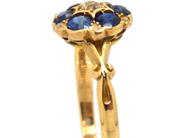 Edwardian 18ct Gold, Sapphire & Diamond Cluster Ring with Ornate Shoulders