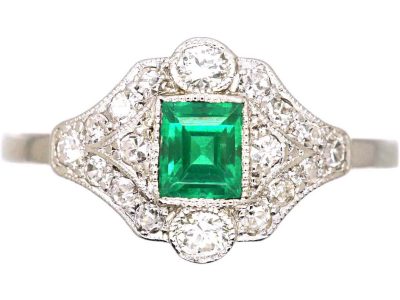 Art Deco 18ct White Gold & Platinum Emerald & Diamond Cluster Ring