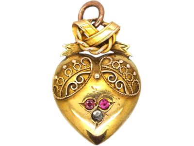 Victorian 9ct Gold Heart & Bow Pendant set with Rubies & a Diamond