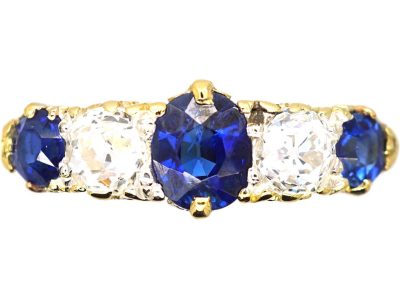 Victorian 18ct Gold, Sapphire & Diamond Five Stone Carved Half Hoop Ring