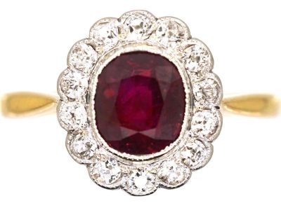 Edwardian 18ct Gold & Platinum, Ruby & Diamond Oval Cluster Ring