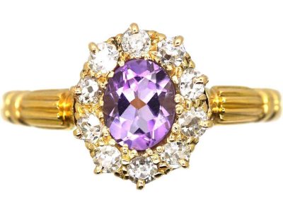 Edwardian 18ct Gold, Amethyst & Diamond Oval Cluster Ring