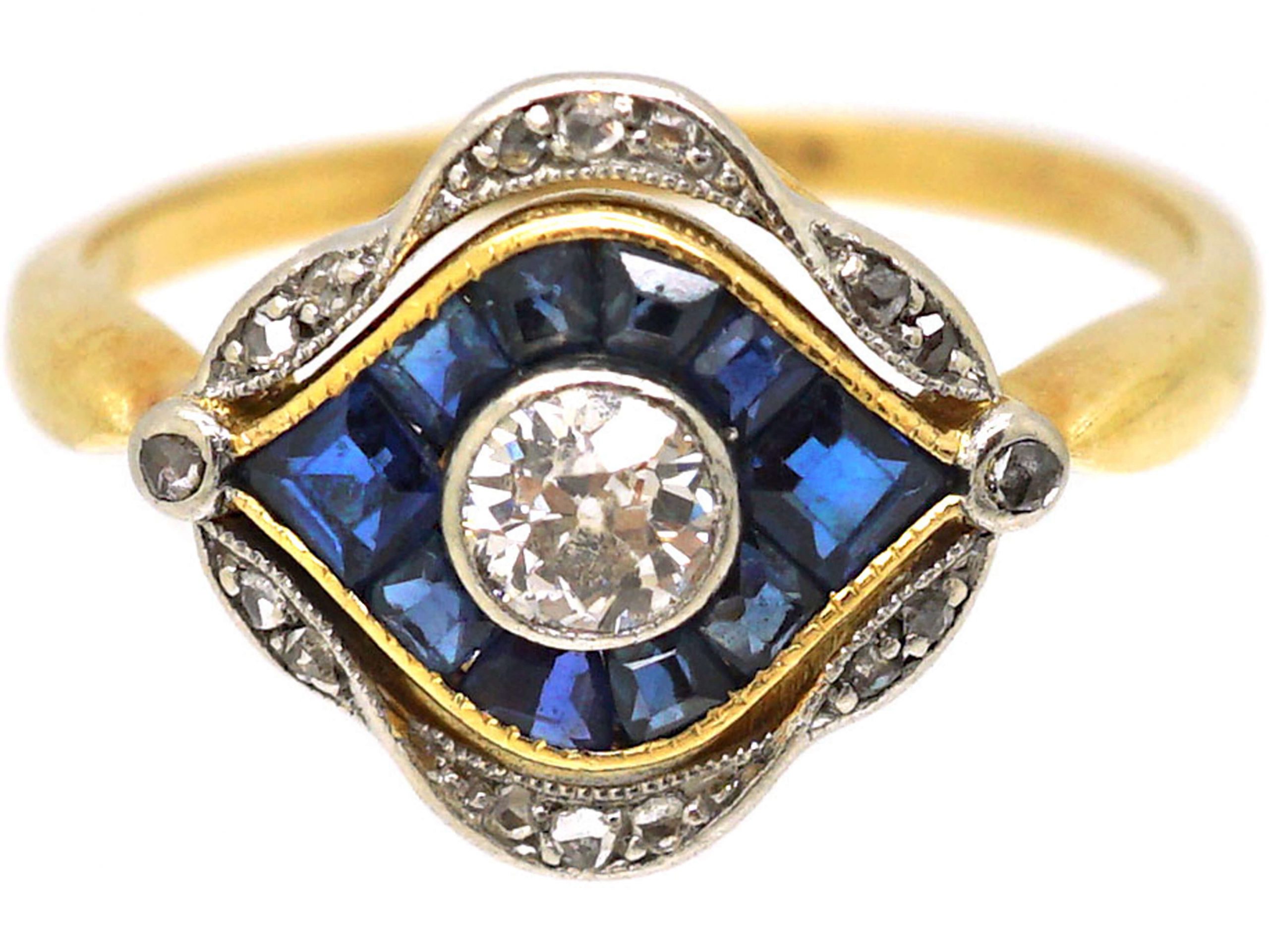 Art Deco 18ct Gold & Platinum, Sapphire & Diamond Eye Ring (507T) The