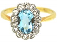 Edwardian 18ct Gold & Platinum, Aquamarine & Diamond Cluster Ring